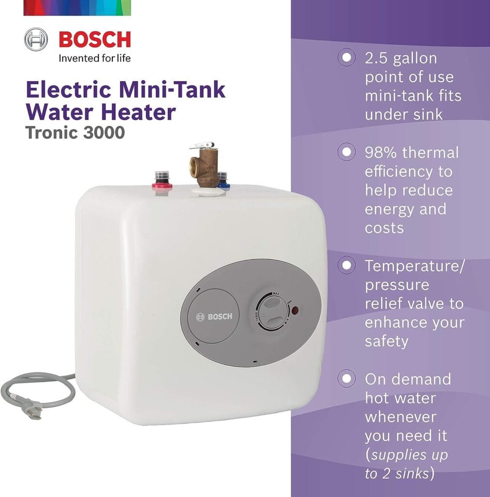Bosch Electric Mini-Tank Water Heater Tronic 3000 T 2.5-Gallon (ES2.5) - Eliminate Time for Hot Water - Shelf, Wall or Floor Mounted Bosch Electric Mini-Tank Water Heater Tronic 3000 T 2.5-Gallon (ES2.5) - Eliminate Time for Hot Water - Shelf, Wall or Floor Mounted