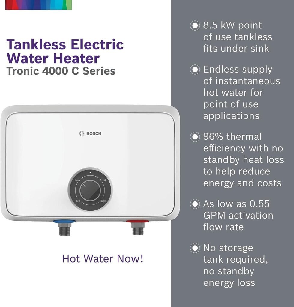 Bosch Thermotechnology Tronic 4000 Electric Tankless Water Heater, 8.5 kW, 13 x 8.5 x 4.5, White Bosch Thermotechnology Tronic 4000 Electric Tankless Water Heater, 8.5 kW, 13 x 8.5 x 4.5, White