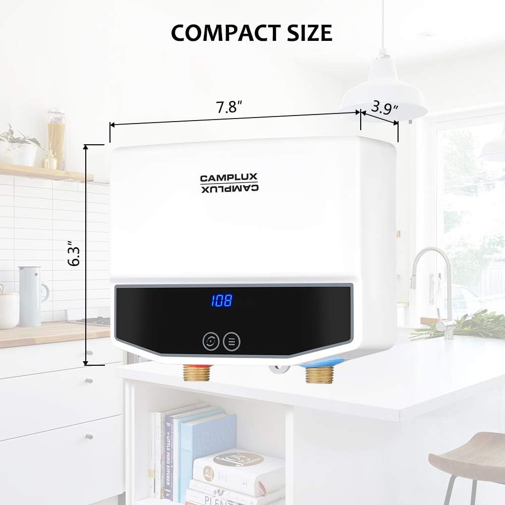 Camplux Tankless Water Heater Electric with LED Display 120V Instant Water Heaters Under Sink 3.5kw TE04
