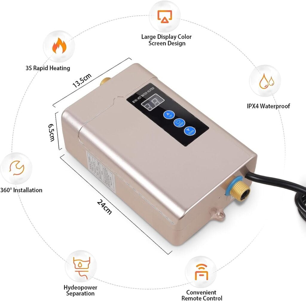 Electric Tankless Water Heater, Small Instant Hot Water Heater for Kitchen Sink, 3000W 110V, With LCD Digital Display (Golden Inverter)