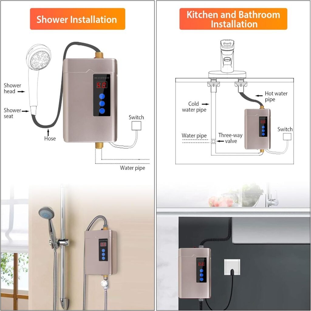 Electric Tankless Water Heater, Small Instant Hot Water Heater for Kitchen Sink, 3000W 110V, With LCD Digital Display (Golden Inverter)