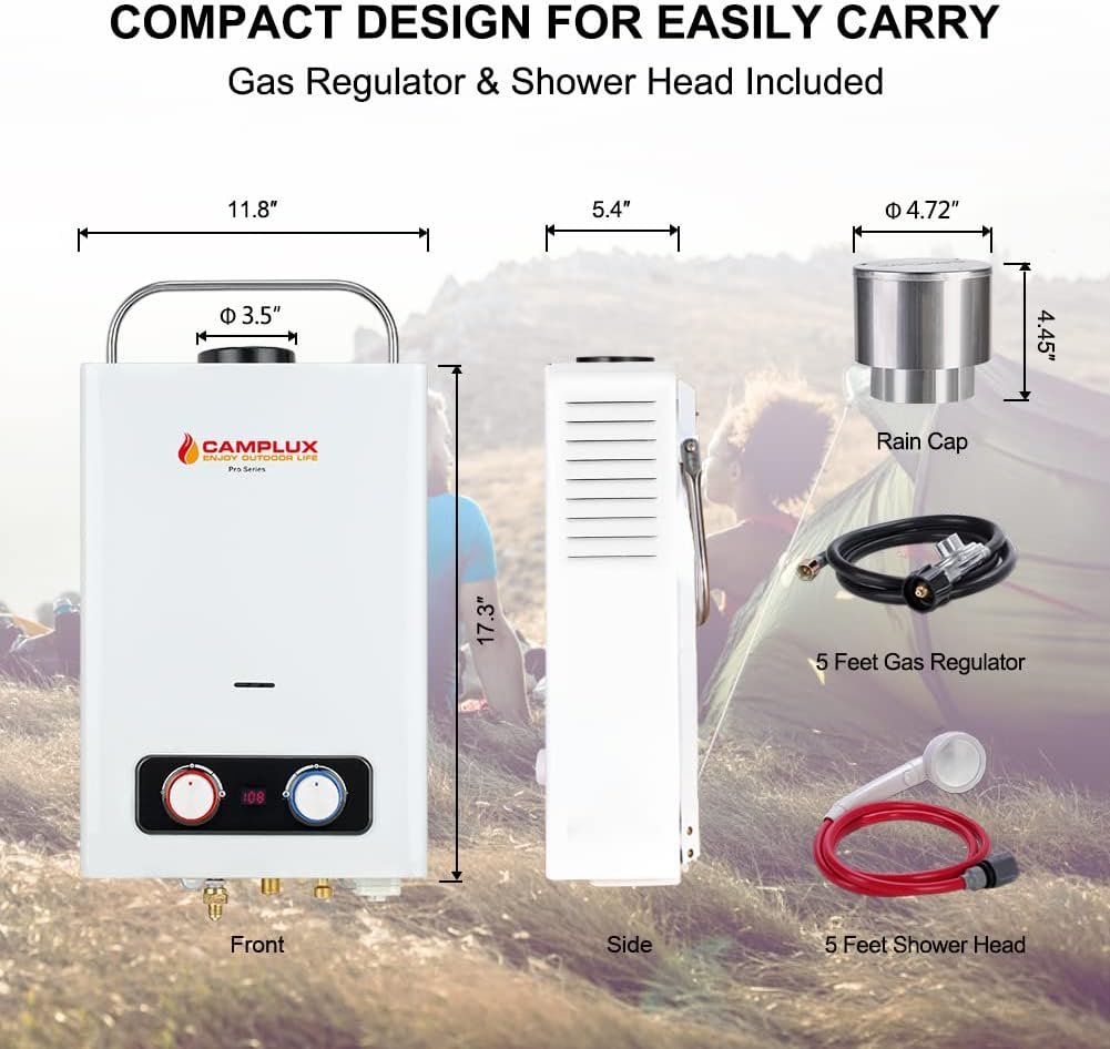 Portable Tankless Water Heater, Camplux 1.58 GPM Outdoor Propane Hot Water Heater with S/S Rain Cap