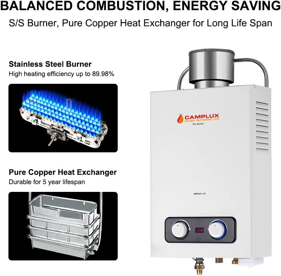 Portable Tankless Water Heater, Camplux 1.58 GPM Outdoor Propane Hot Water Heater with S/S Rain Cap