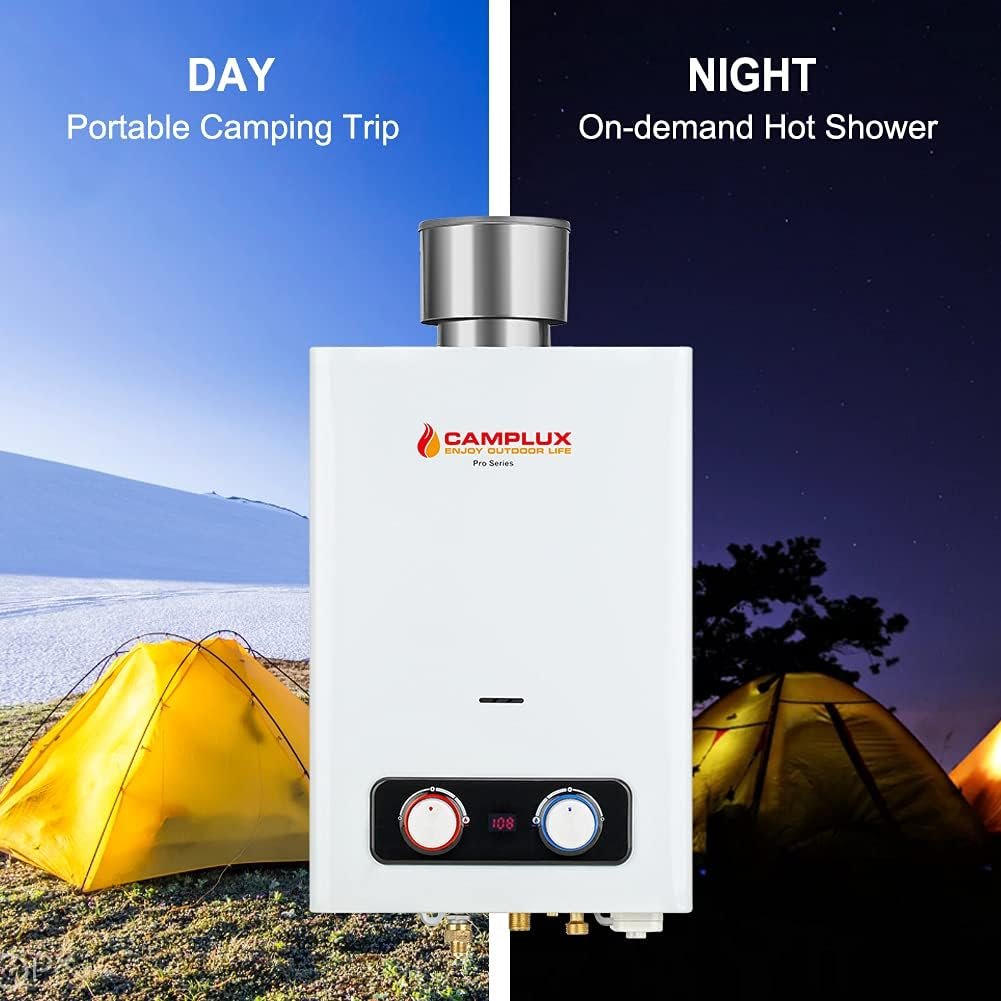 Portable Tankless Water Heater, Camplux 1.58 GPM Outdoor Propane Hot Water Heater with S/S Rain Cap