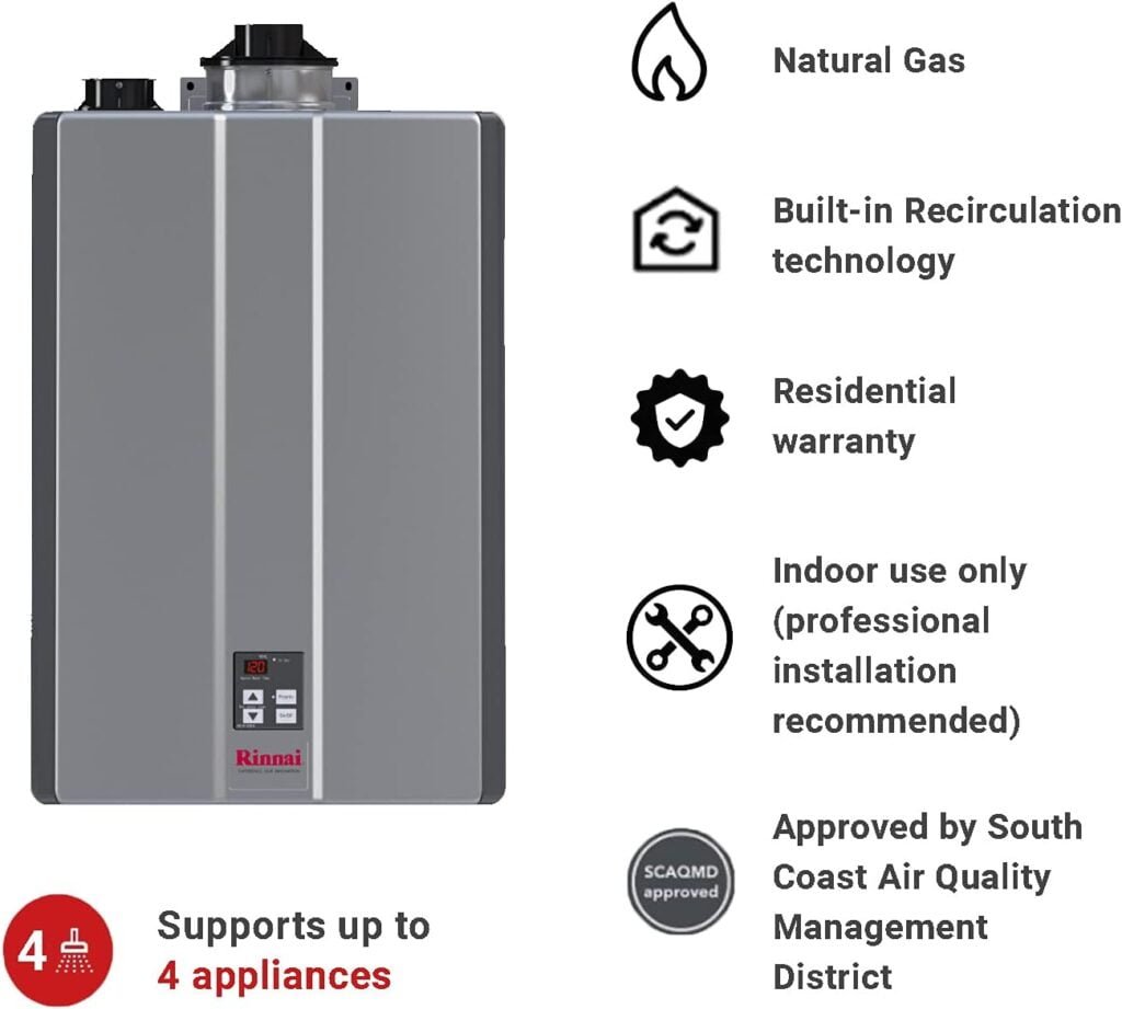 Rinnai RU160iN Condensing Tankless Hot Water Heater, 9 GPM, Natural Gas, Indoor Installation