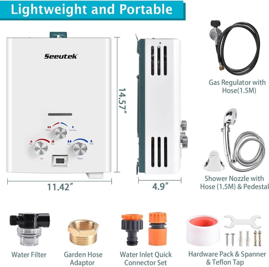 Seeutek Portable Water Heater 1.6GPM/6L, Outdoor Propane Gas Tankless Water Heater, On Demand Water Heater for RV Camping, Instant Hot Water for Shower Overheating Protection White Seeutek Portable Water Heater 1.6GPM/6L, Outdoor Propane Gas Tankless Water Heater, On Demand Water Heater for RV Camping, Instant Hot Water for Shower Overheating Protection White