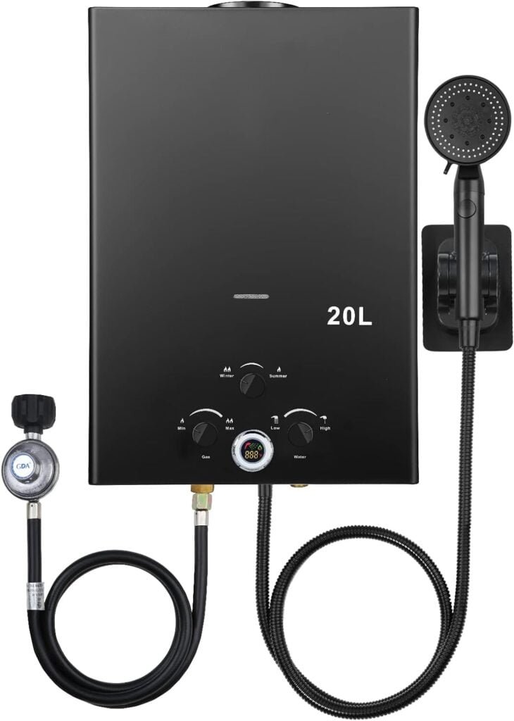 Tankless Water Heater 5.26GPM 20L Outdoor Portable GasHot Water Heater Instant Propane Water Heater with Digital Display Multi-Protection for Camping Trips Boat Cabins