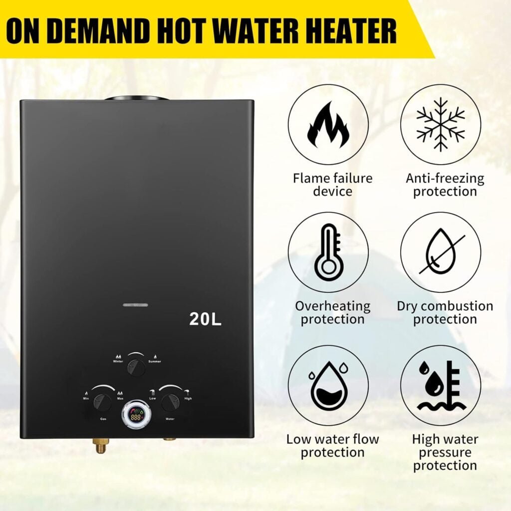 Tankless Water Heater 5.26GPM 20L Outdoor Portable GasHot Water Heater Instant Propane Water Heater with Digital Display Multi-Protection for Camping Trips Boat Cabins