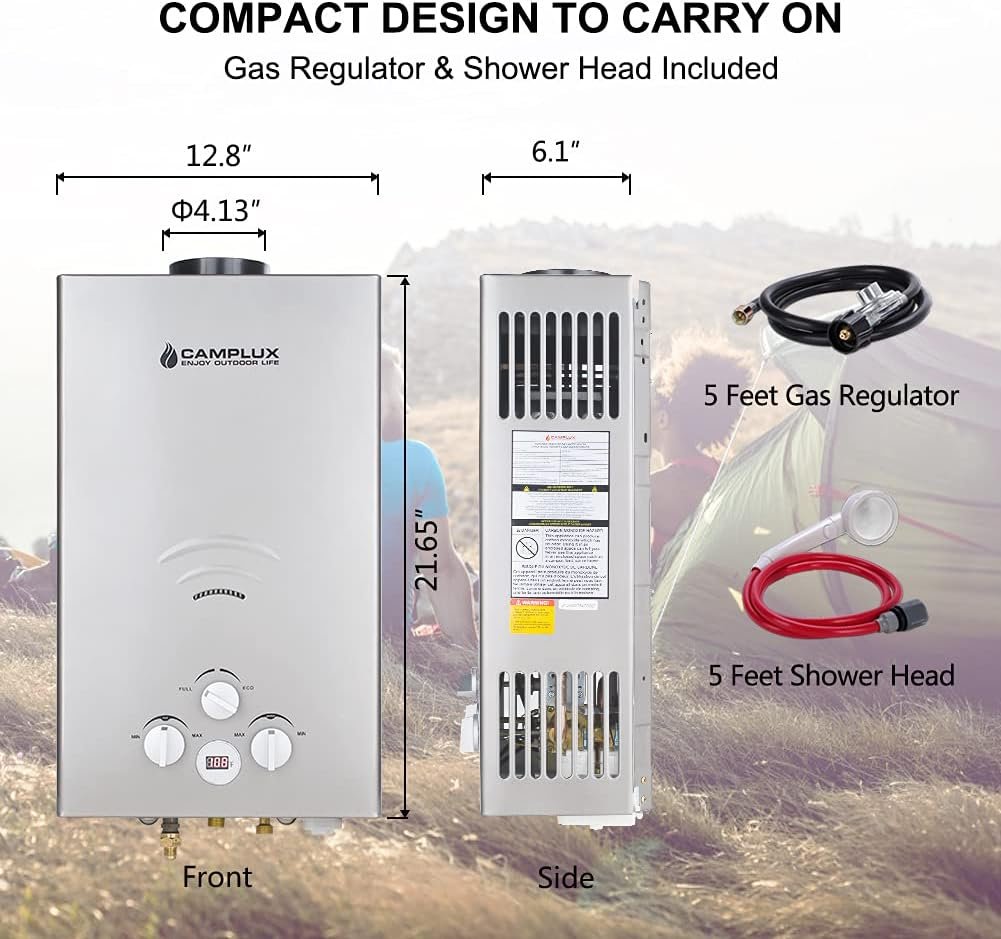 Tankless Water Heater, Camplux Outdoor Portable Propane Gas Tankless Water Heater for Camping Showers, 2.64 GPM, Gray Tankless Water Heater, Camplux Outdoor Portable Propane Gas Tankless Water Heater for Camping Showers, 2.64 GPM, Gray