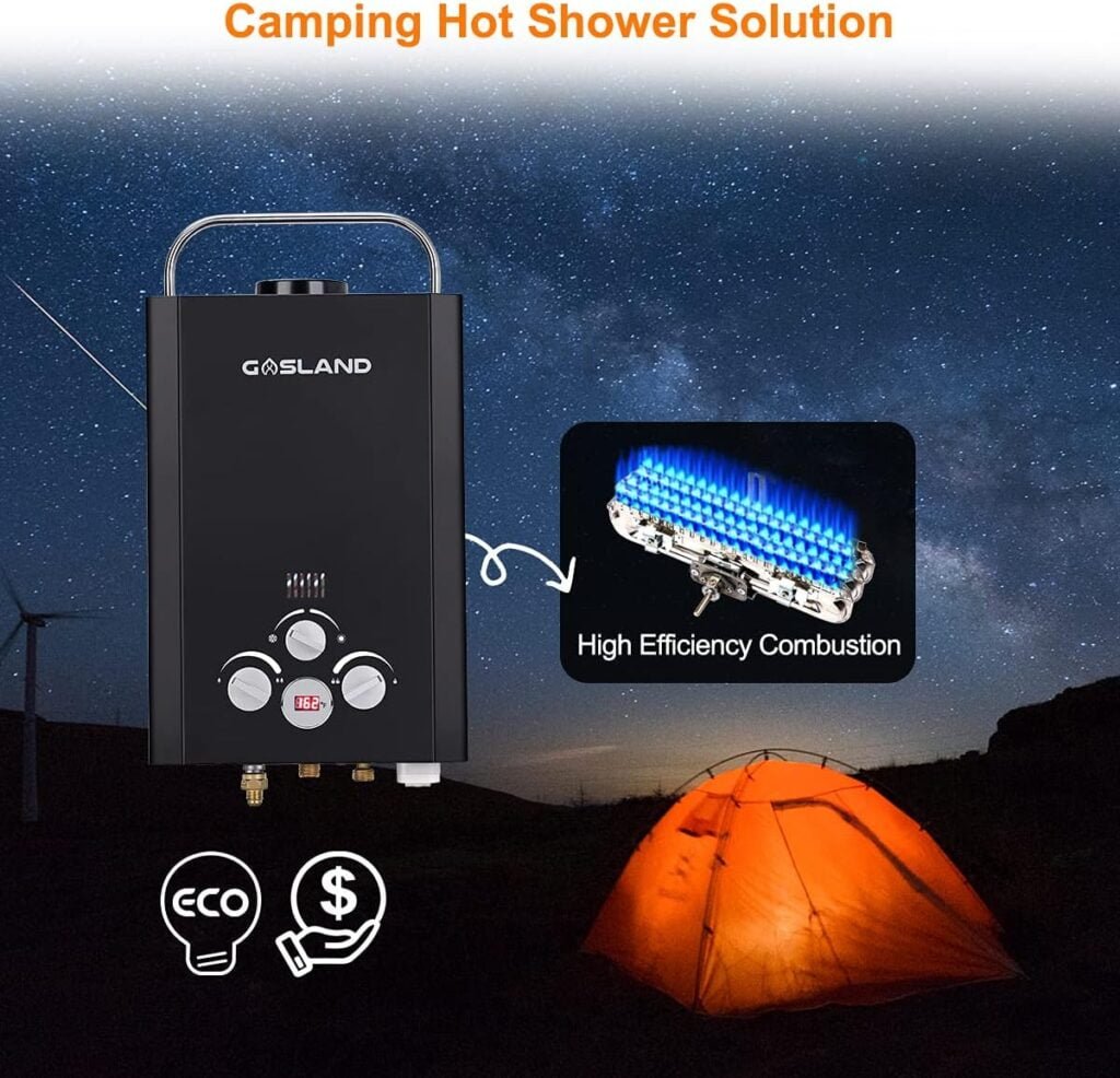 Tankless Water Heater, GASLAND Outdoors BE158B 1.58GPM 6L Portable Gas Water Heater, Instant Propane Water Heater, Overheating Protection, Easy to Install, Use for RV Cabin Barn Camping Boat, Black