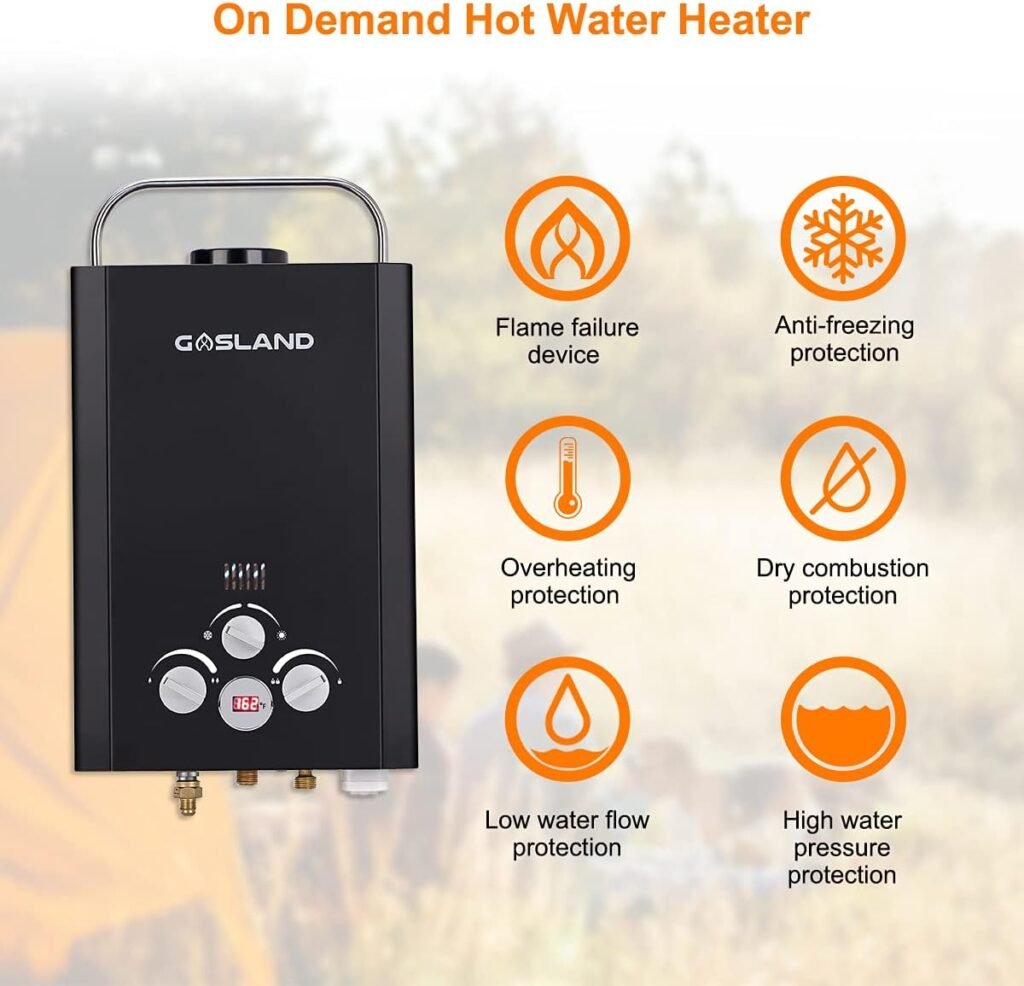 Tankless Water Heater, GASLAND Outdoors BE158B 1.58GPM 6L Portable Gas Water Heater, Instant Propane Water Heater, Overheating Protection, Easy to Install, Use for RV Cabin Barn Camping Boat, Black