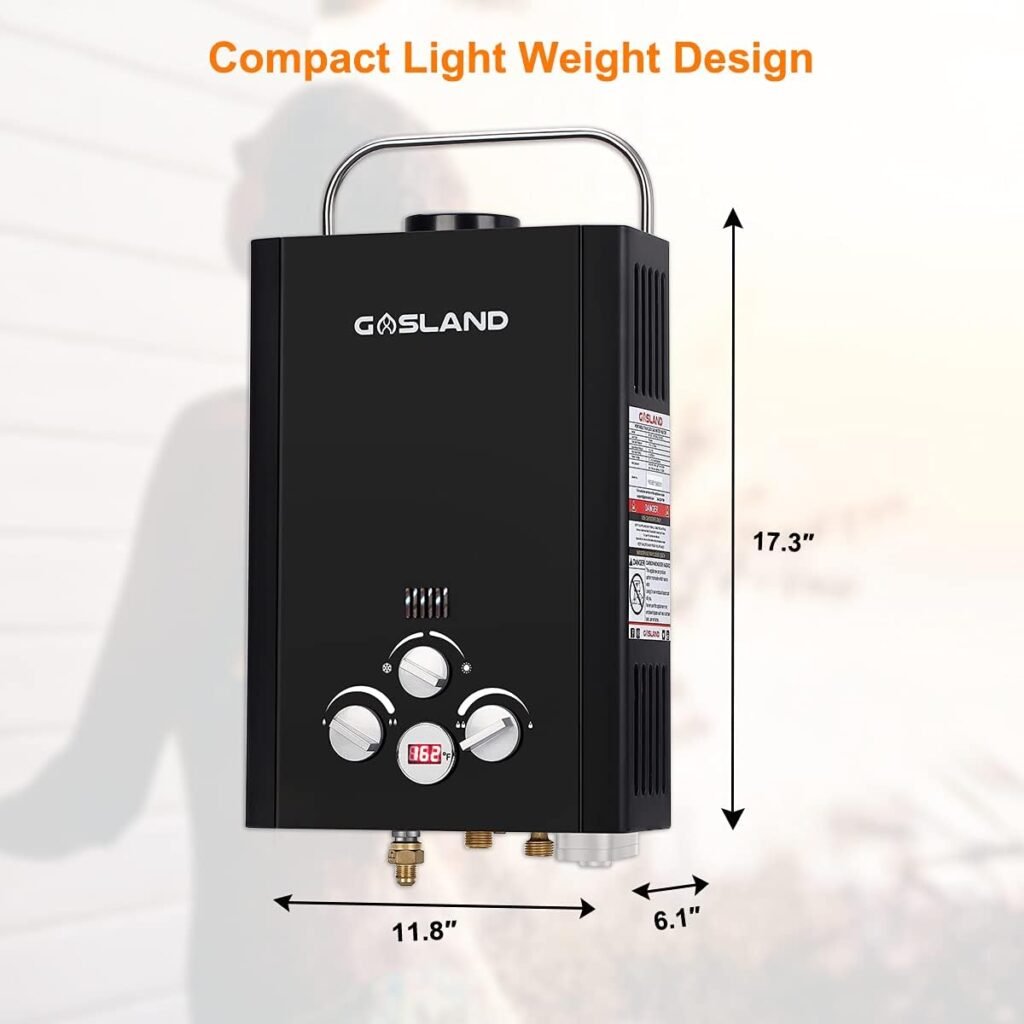 Tankless Water Heater, GASLAND Outdoors BE158B 1.58GPM 6L Portable Gas Water Heater, Instant Propane Water Heater, Overheating Protection, Easy to Install, Use for RV Cabin Barn Camping Boat, Black