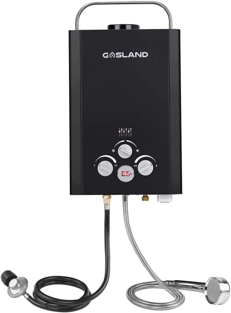 Tankless Water Heater, GASLAND Outdoors BE158B 1.58GPM 6L Portable Gas Water Heater, Instant Propane Water Heater, Overheating Protection, Easy to Install, Use for RV Cabin Barn Camping Boat, Black