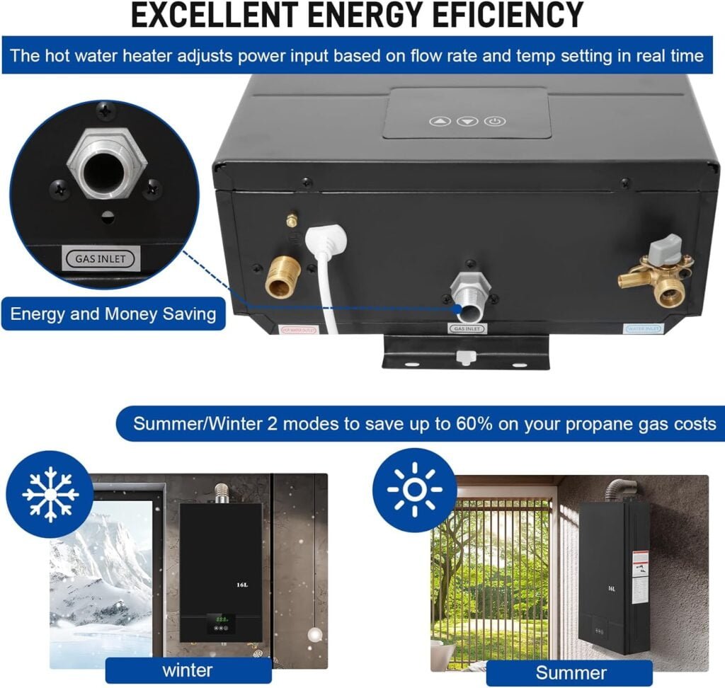 Tankless Water Heater Propane, 4.21GPM 16L Indoor,Instant Hot Propane Gas Water Heater,Constant Propane Water Heater with Fahrenheit Digital Display,Multi-Protection (Black) Tankless Water Heater Propane, 4.21GPM 16L Indoor,Instant Hot Propane Gas Water Heater,Constant Propane Water Heater with Fahrenheit Digital Display,Multi-Protection (Black)