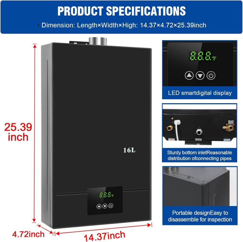 Tankless Water Heater Propane, 4.21GPM 16L Indoor,Instant Hot Propane Gas Water Heater,Constant Propane Water Heater with Fahrenheit Digital Display,Multi-Protection (Black) Tankless Water Heater Propane, 4.21GPM 16L Indoor,Instant Hot Propane Gas Water Heater,Constant Propane Water Heater with Fahrenheit Digital Display,Multi-Protection (Black)