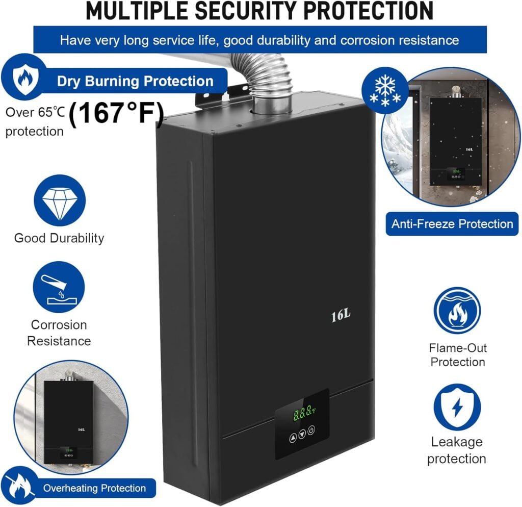 Tankless Water Heater Propane, 4.21GPM 16L Indoor,Instant Hot Propane Gas Water Heater,Constant Propane Water Heater with Fahrenheit Digital Display,Multi-Protection (Black) Tankless Water Heater Propane, 4.21GPM 16L Indoor,Instant Hot Propane Gas Water Heater,Constant Propane Water Heater with Fahrenheit Digital Display,Multi-Protection (Black)