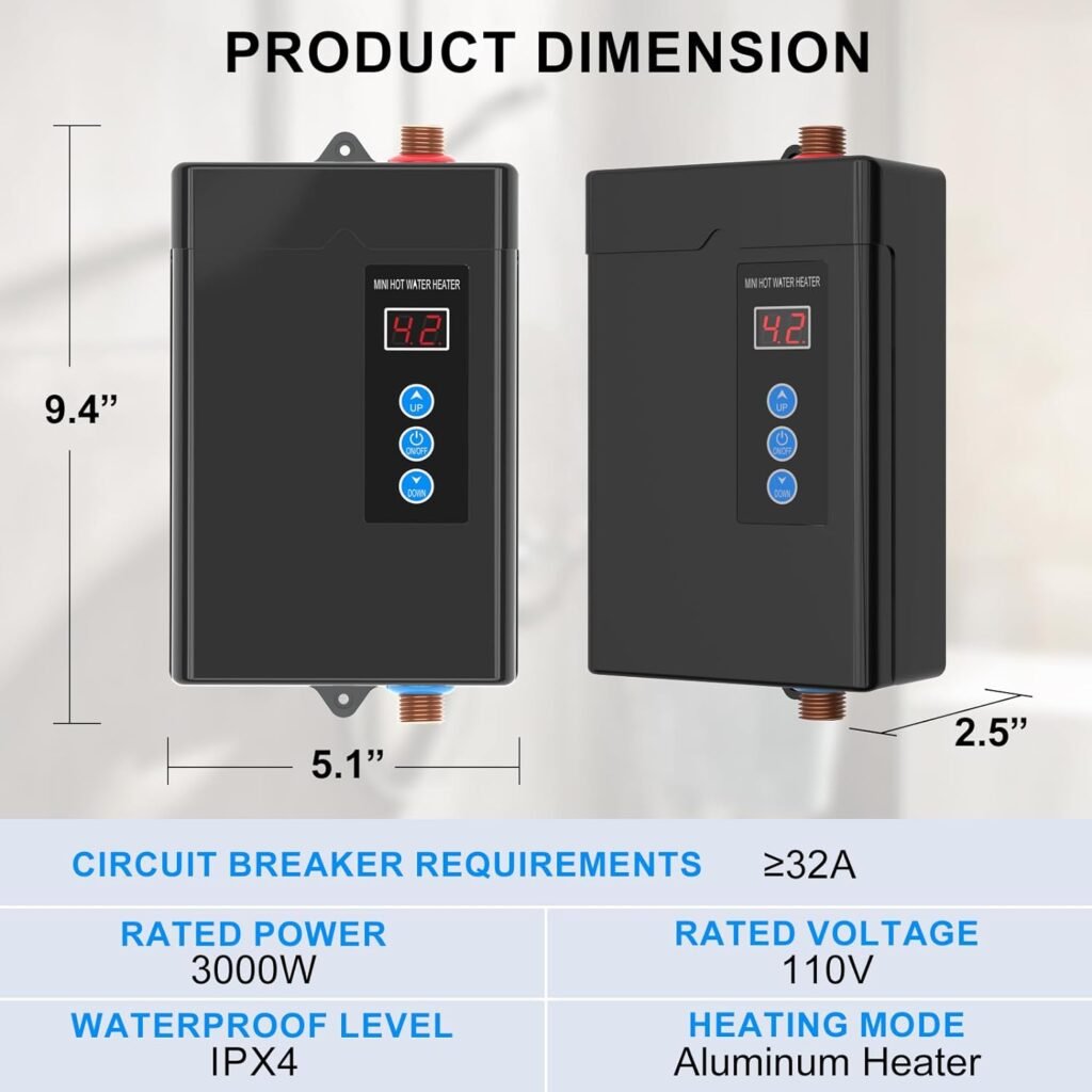 3000W Tankless Water Heater Electric,110V Electric Water Heater With Digital Display,Instant Hot Water Heater On Demand Water Heater Under Sink With Remote Control,LCD Touch Screen tankless Water Heat