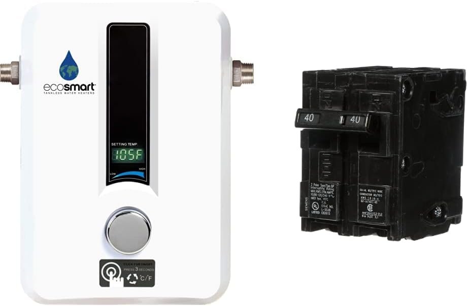 EcoSmart ECO 8 Tankless Water Heater, Electric, 8-kW - Quantity 1  SIEMENS Q240 40-Amp Double Pole Type QP Circuit Breaker black