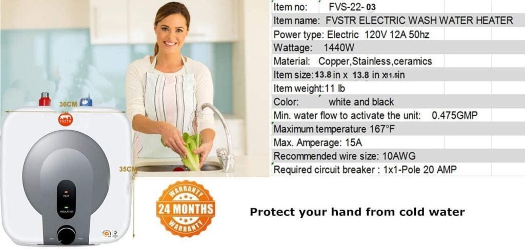 FVSTR 15L 4 Gallon Smart Electric water heater, 120V/1500W, 4 Gallon for Small Spaces, Under Sink, Counters, RVs, Trailers