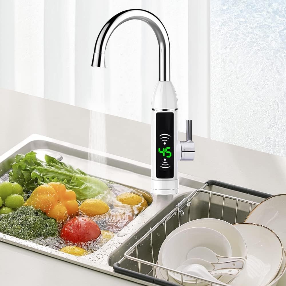 Hot Water Heater Faucet Bathroom Faucet Instant Tankless Electric Kitchen Bathroom Fast Heating Tap Water Faucet Adjustable Temperature with LED Digital Display IPX4 Water-proof