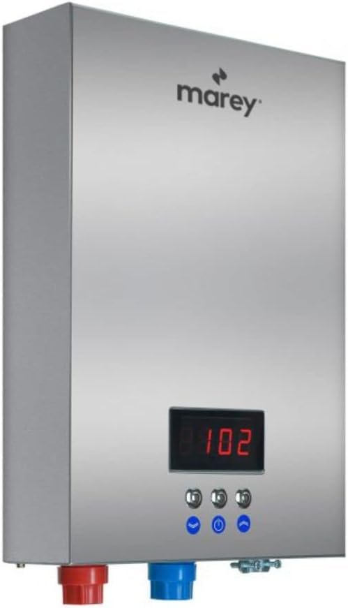 MAREY 24kW 4.7 MAX GPM ETL Certified 240V Self-Modulating Residential Multiple Points of Use Tankless Electric Water Heater, Silver MAREY 24kW 4.7 MAX GPM ETL Certified 240V Self-Modulating Residential Multiple Points of Use Tankless Electric Water Heater, Silver