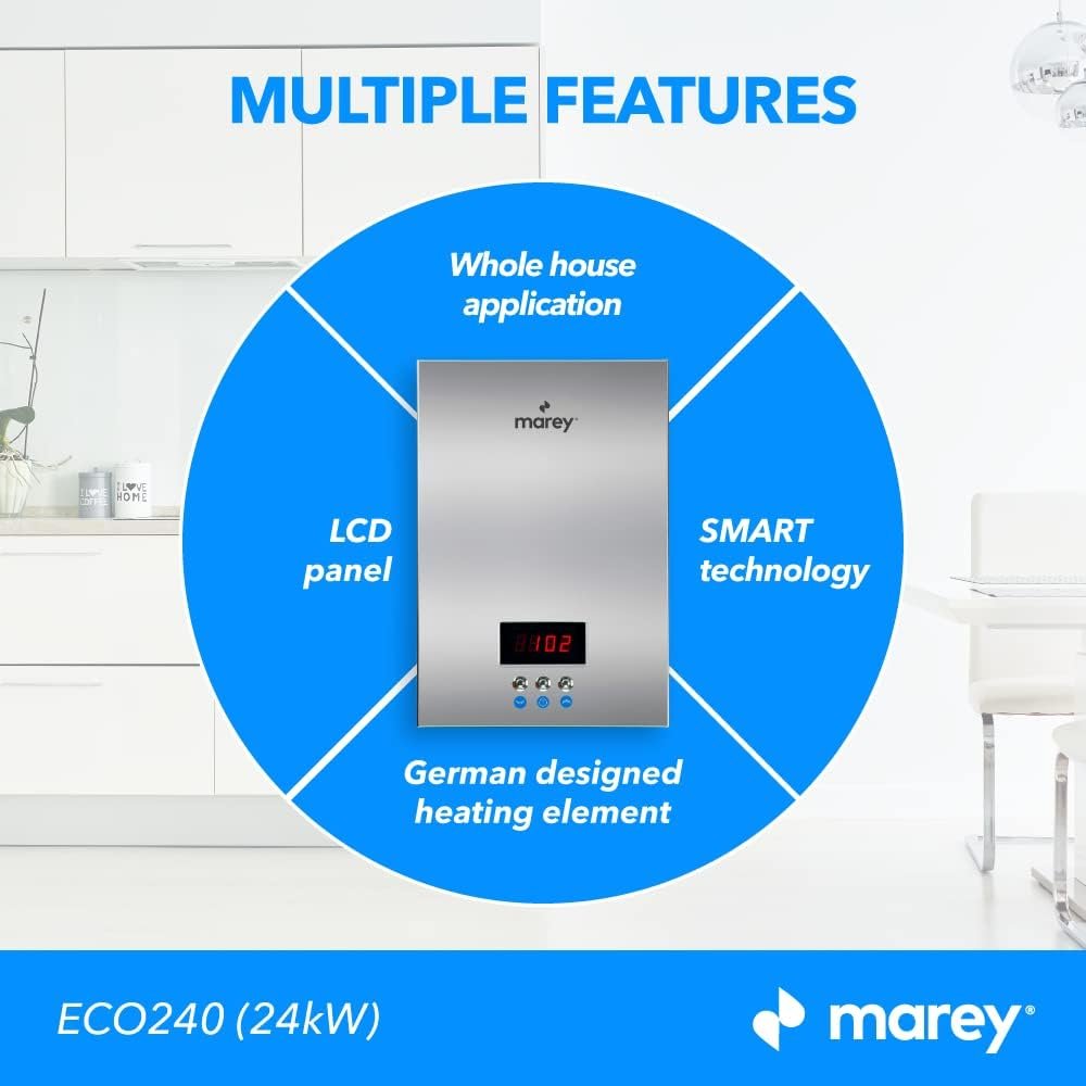 MAREY 24kW 4.7 MAX GPM ETL Certified 240V Self-Modulating Residential Multiple Points of Use Tankless Electric Water Heater, Silver MAREY 24kW 4.7 MAX GPM ETL Certified 240V Self-Modulating Residential Multiple Points of Use Tankless Electric Water Heater, Silver