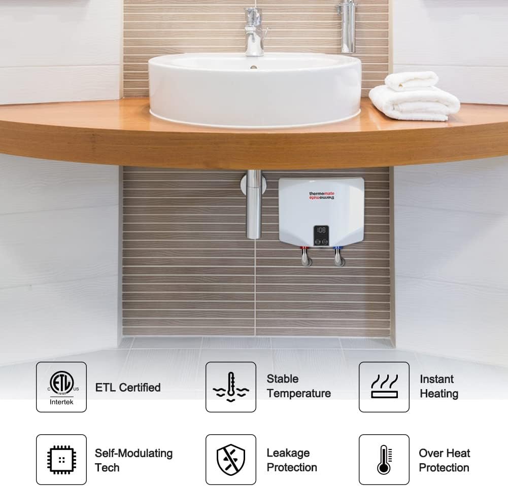 Tankless Water Heater Electric, thermomate 3.5kW 120V Hard Wired Point of Use On Demand Hot Water Heater Self Modulating ET035 (NO PLUG) (White)