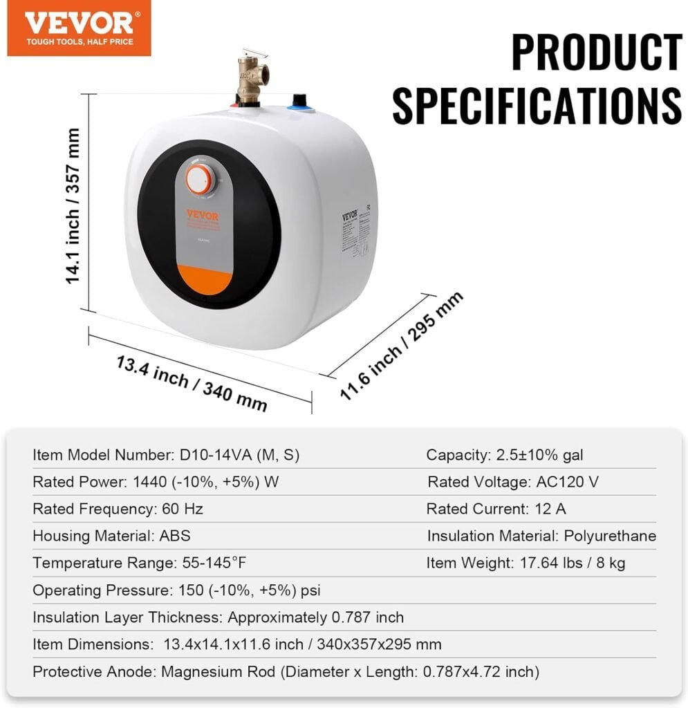 VEVOR Electric Mini-Tank Water Heater, 2.5-Gallon Tank Hot Water Boiler Storage, 1400W Power, Safety Temperature Pressure Valve Easy Install, for Kichen Bathroom Restaurant, Shelf Wall Floor Mounted VEVOR Electric Mini-Tank Water Heater, 2.5-Gallon Tank Hot Water Boiler Storage, 1400W Power, Safety Temperature Pressure Valve Easy Install, for Kichen Bathroom Restaurant, Shelf Wall Floor Mounted