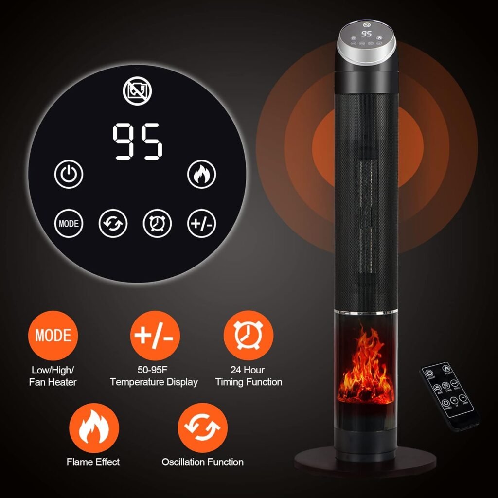 38 Space Heater, Heaters for Large Room, 1500W PTC Fast Heating Oscillating Ceramic Heater with Thermostat, 24H Timer, Remote, 3D Flame, Overheat Tip-over Protection, for Home, Indoor Use (38 Inch) 38 Space Heater, Heaters for Large Room, 1500W PTC Fast Heating Oscillating Ceramic Heater with Thermostat, 24H Timer, Remote, 3D Flame, Overheat Tip-over Protection, for Home, Indoor Use (38 Inch)