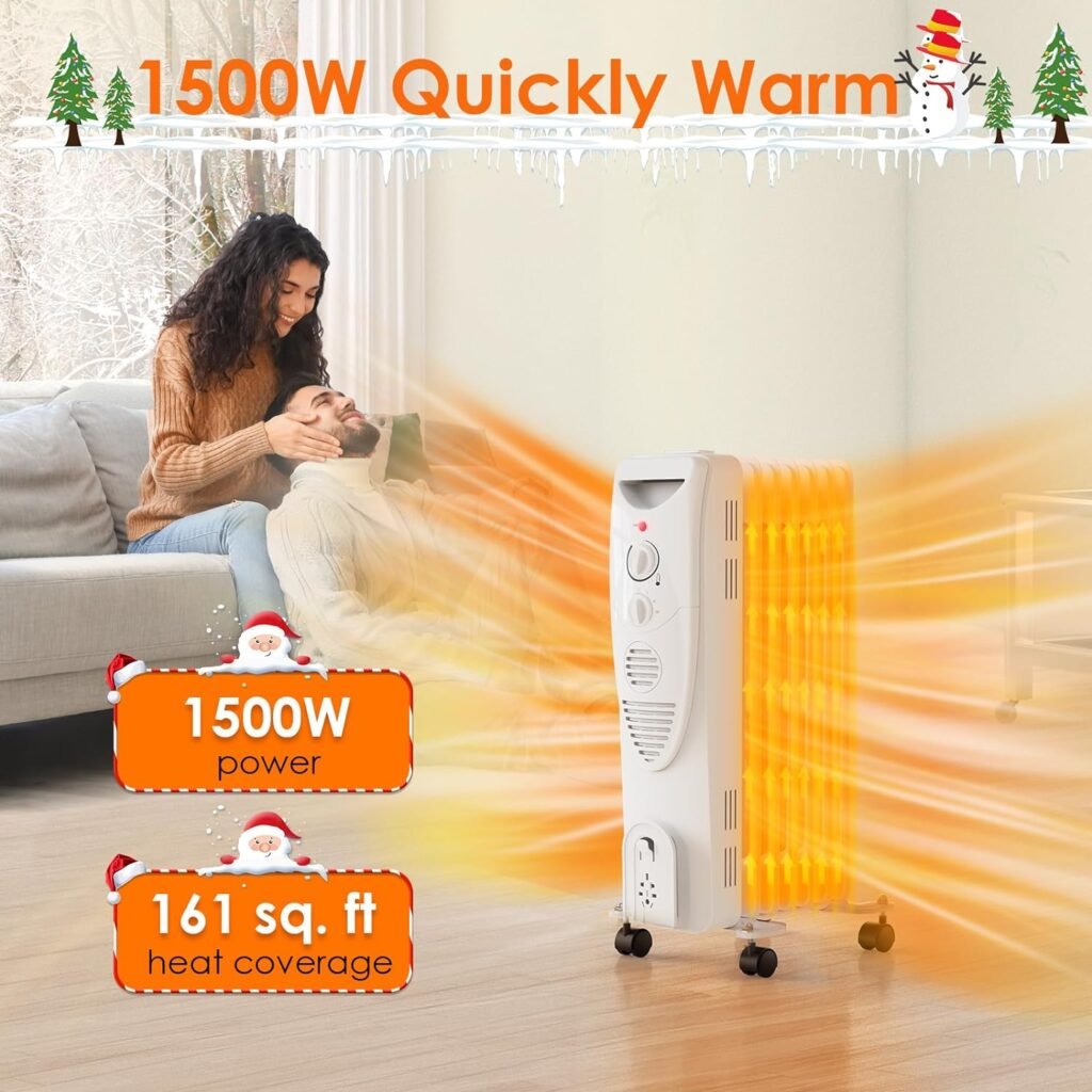 Air Choice Oil Heater, 1500W Electric Space Heater with 3 Heat Settings, Overheat  Tip-Over Protection, Adjustable Thermostat, Quiet Portable Oil Filled Radiator Heater for Indoor Use, Bedroom, Home Air Choice Oil Heater, 1500W Electric Space Heater with 3 Heat Settings, Overheat  Tip-Over Protection, Adjustable Thermostat, Quiet Portable Oil Filled Radiator Heater for Indoor Use, Bedroom, Home