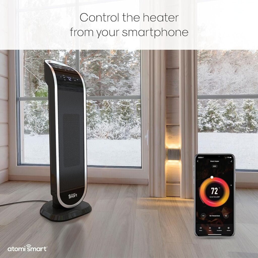 atomi smart 25 WiFi Portable Tower Space Heater - 2nd Gen, 1500W, Oscillating, 750 Sq. Ft. Coverage, Works with Alexa  Google Assistant, Beeping Sound Removed atomi smart 25 WiFi Portable Tower Space Heater - 2nd Gen, 1500W, Oscillating, 750 Sq. Ft. Coverage, Works with Alexa  Google Assistant, Beeping Sound Removed
