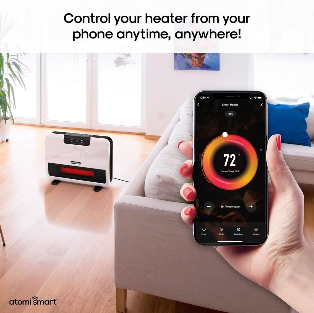 Atomi Smart WiFi Infrared Heater –1500W, Wall-Mounted or Free-Standing, Large Room Coverage, Overheating and Tip-Over Safety, 3 Heating Modes, App Control, Compatible with Alexa and Google Assistant