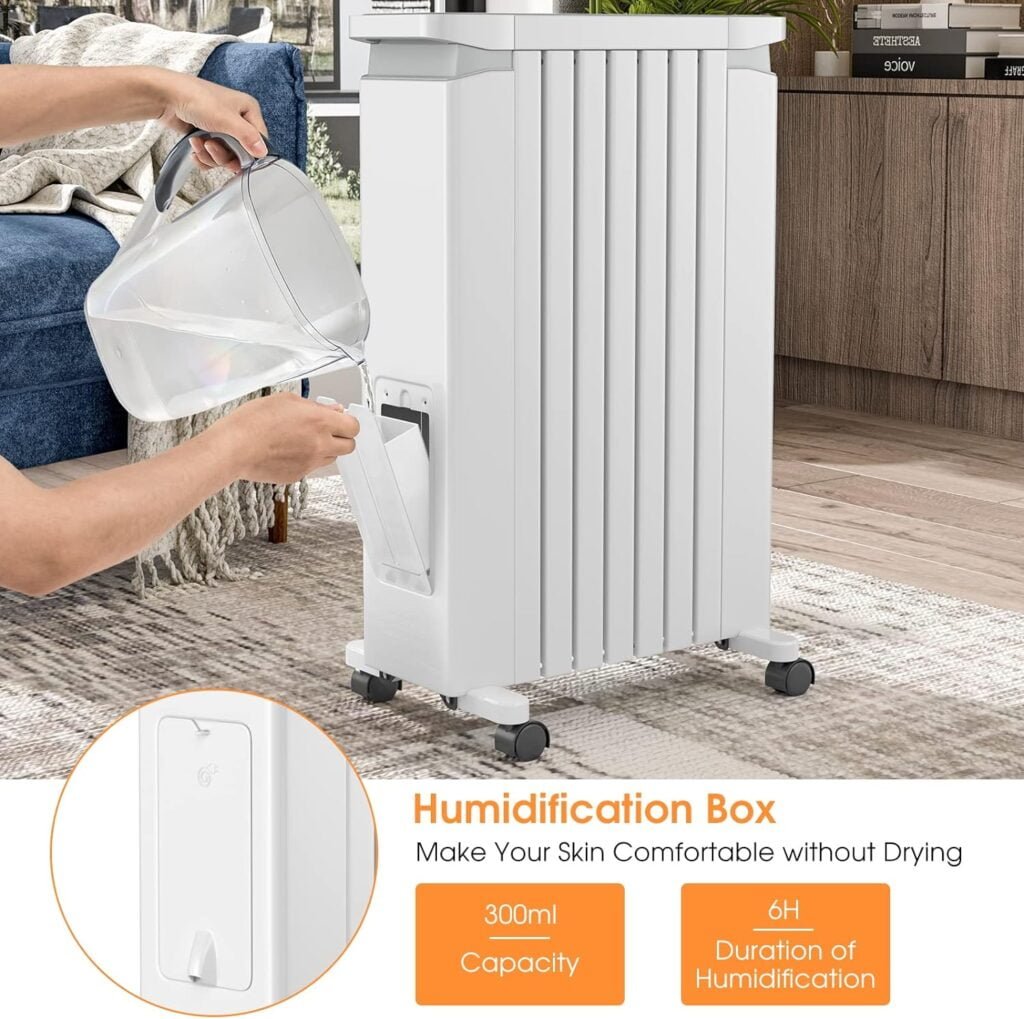 COSTWAY Oil Filled Radiator Heater, 1500W Portable Space Heater with 3 Heat Setting, Built-In Thermostat and Humidification Box, Energy-Saving Quiet Electric Heater for Home Office Indoor (White) COSTWAY Oil Filled Radiator Heater, 1500W Portable Space Heater with 3 Heat Setting, Built-In Thermostat and Humidification Box, Energy-Saving Quiet Electric Heater for Home Office Indoor (White)