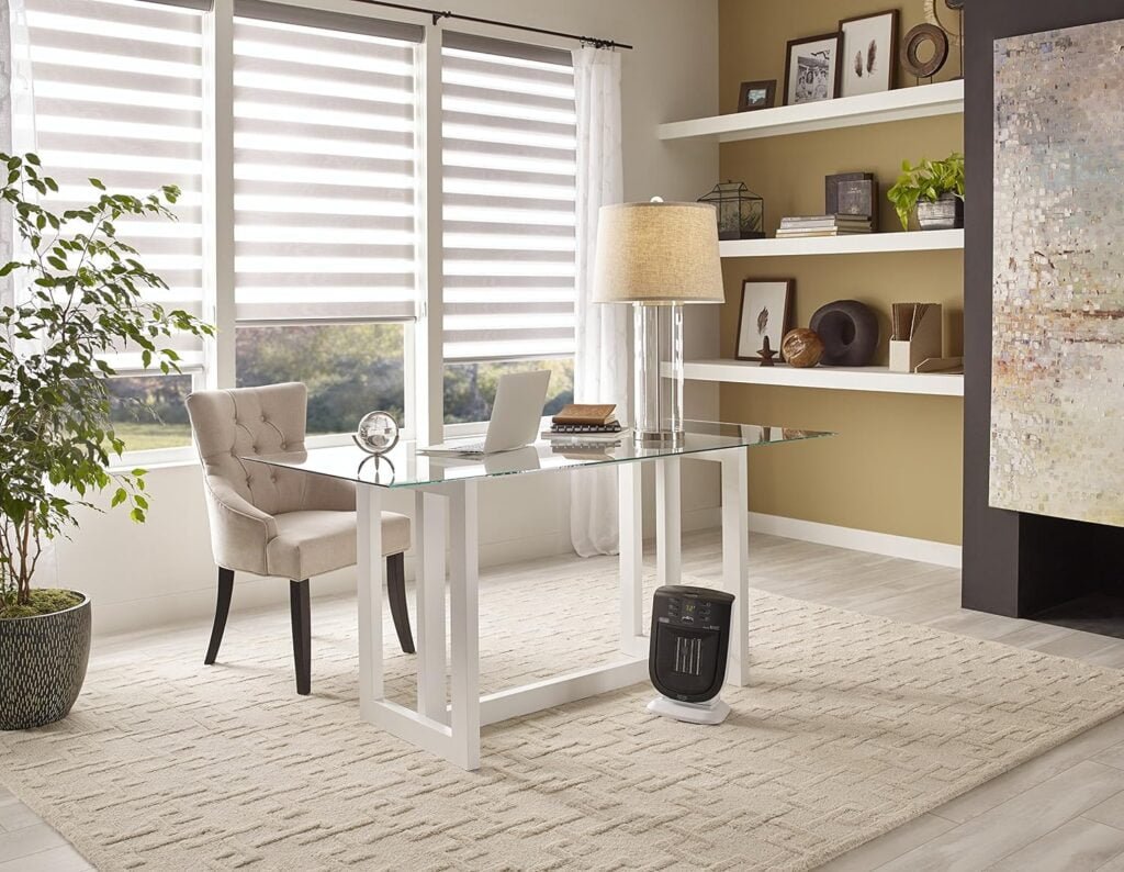 DeLonghi Ceramic Space Heater, 1500W Electric Space Heater for indoor use, offers fast heating for bedroom, office/desk, quiet technology, washable dust filter, fan only option, DCH5915ER