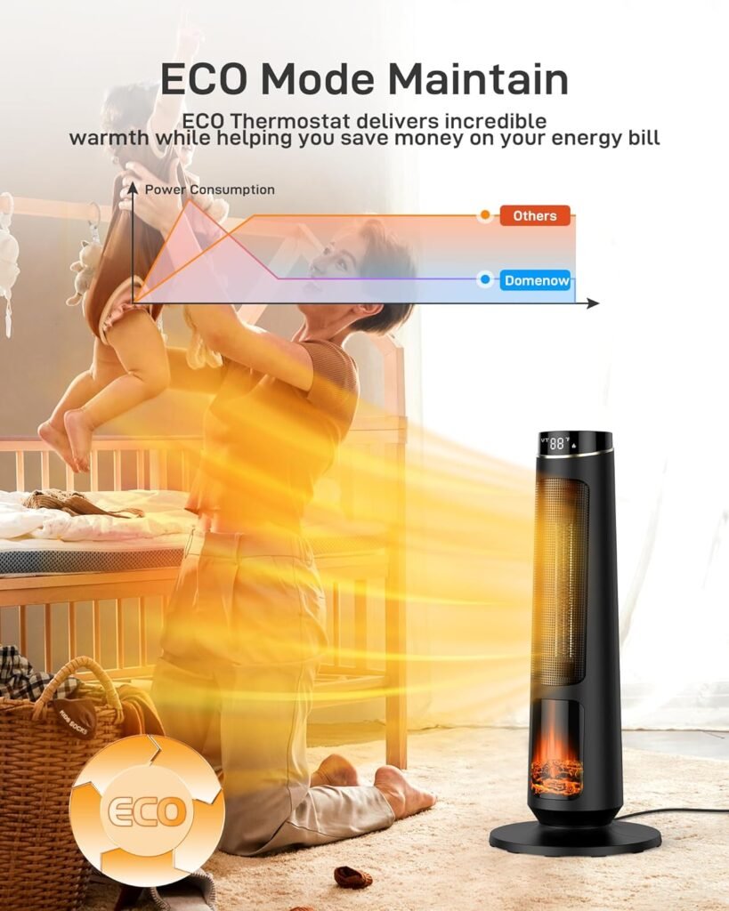 Domenow 31 Space Heaters for Indoor Use, Ceramic Tower Space Heater for Room Heating, Timer and Remote Control, 1500W Fast Heating, 3D Realistic Flame, Digital Display, Overheat Protection Domenow 31 Space Heaters for Indoor Use, Ceramic Tower Space Heater for Room Heating, Timer and Remote Control, 1500W Fast Heating, 3D Realistic Flame, Digital Display, Overheat Protection