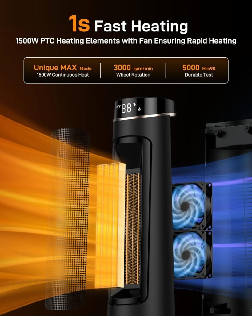 Domenow 31 Space Heaters for Indoor Use, Ceramic Tower Space Heater for Room Heating, Timer and Remote Control, 1500W Fast Heating, 3D Realistic Flame, Digital Display, Overheat Protection Domenow 31 Space Heaters for Indoor Use, Ceramic Tower Space Heater for Room Heating, Timer and Remote Control, 1500W Fast Heating, 3D Realistic Flame, Digital Display, Overheat Protection