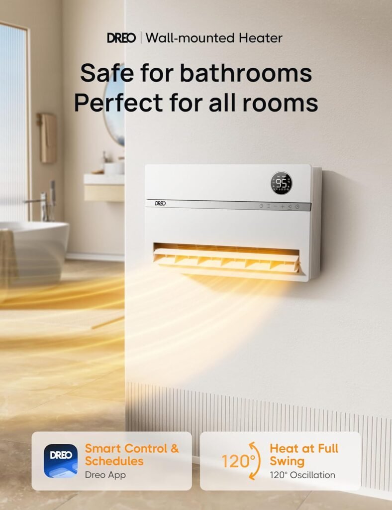 Dreo Wall Heater for Bathroom, Smart Space Heaters with ALCI Plug, 1500W, 120° Vertical Oscillation, Adjustable Thermostat, 24H Timer, Easy Installation Electric Heater for Indoor use, Bedroom, Office Dreo Wall Heater for Bathroom, Smart Space Heaters with ALCI Plug, 1500W, 120° Vertical Oscillation, Adjustable Thermostat, 24H Timer, Easy Installation Electric Heater for Indoor use, Bedroom, Office