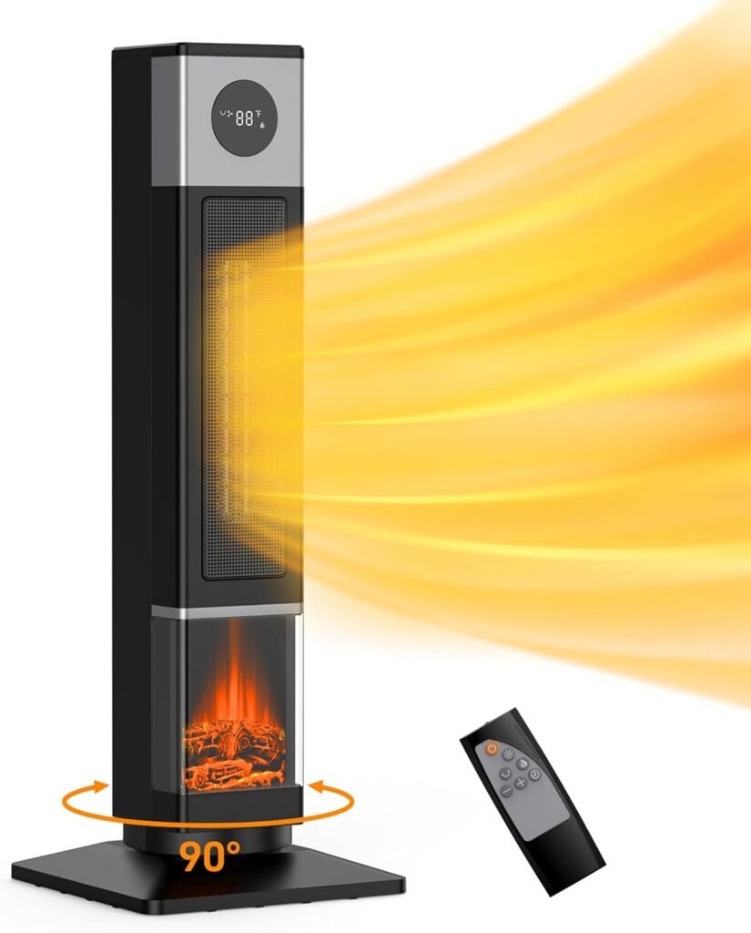 Garvee 31 Space Heater for Large Room, Tower Heater for Indoor Use, 1500W PTC Ceramic Heater with 3D Flame Effect, Heat Up 200 Square Feet, 90°Oscillating With Remote, for Living Room,Bedroom,Office
