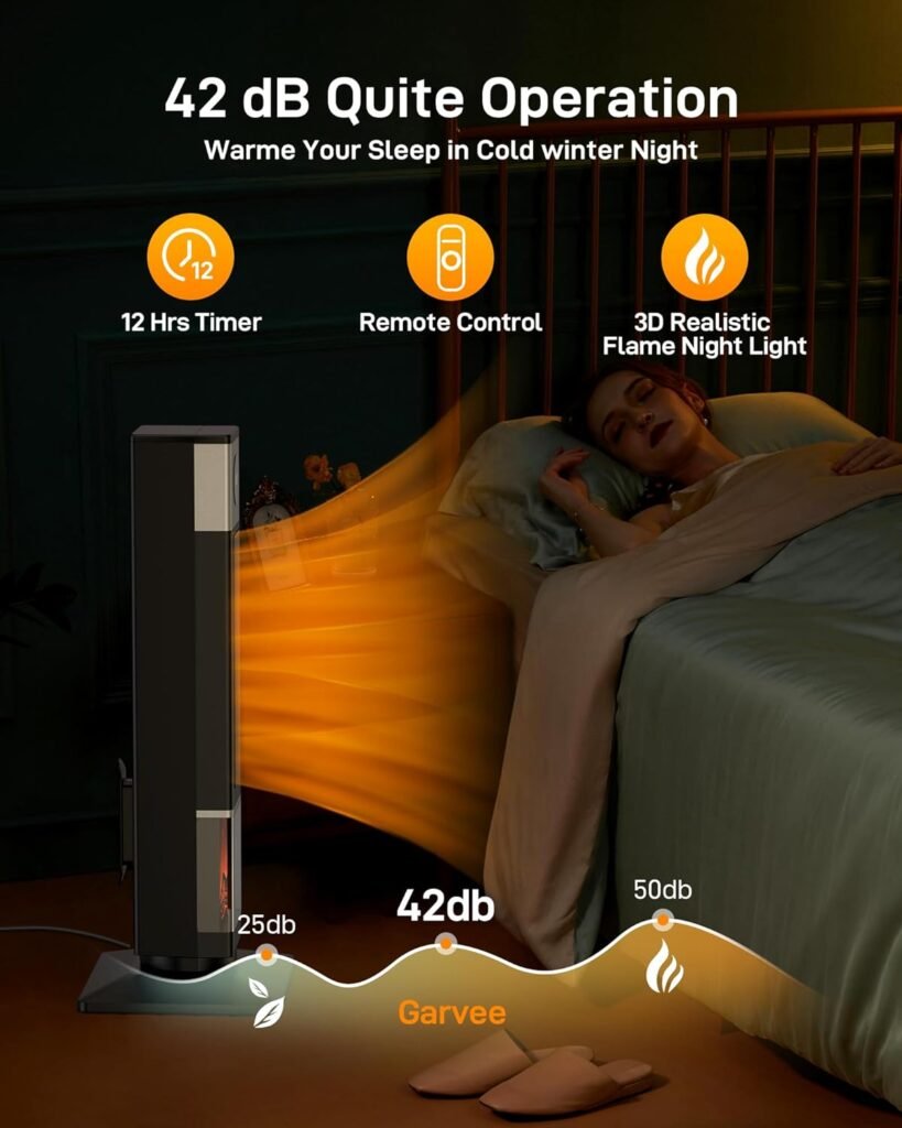 Garvee 31 Space Heater for Large Room, Tower Heater for Indoor Use, 1500W PTC Ceramic Heater with 3D Flame Effect, Heat Up 200 Square Feet, 90°Oscillating With Remote, for Living Room,Bedroom,Office