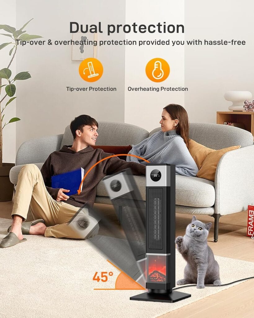 Garvee 31 Space Heater for Large Room, Tower Heater for Indoor Use, 1500W PTC Ceramic Heater with 3D Flame Effect, Heat Up 200 Square Feet, 90°Oscillating With Remote, for Living Room,Bedroom,Office