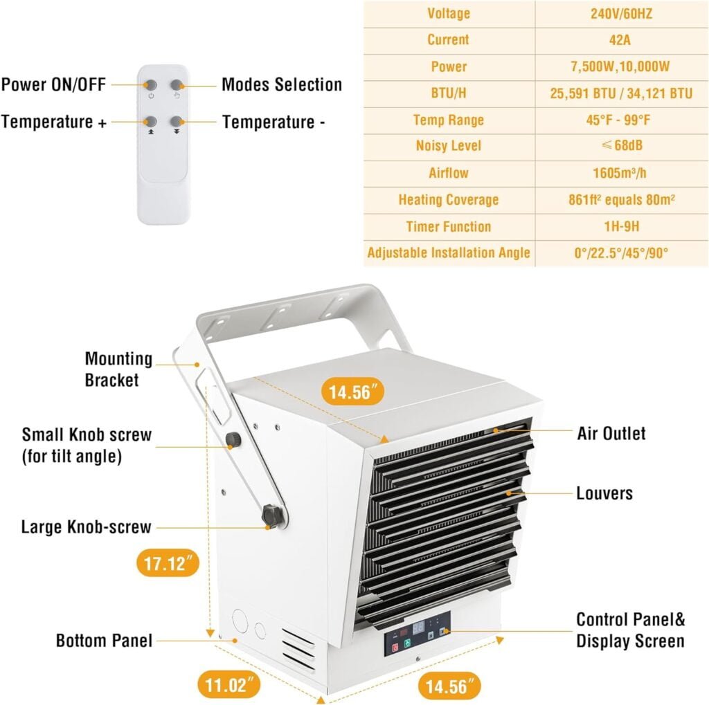 Kincubow Garage Heater 10000 Watt, 240V Electric Garage Heater With Thermostat, Ceiling/Wall Mounted Space Heater For Garage Workshop Warehouse, Fan-Forced Shop Heater, Overheat Protection, ETL Listed Kincubow Garage Heater 10000 Watt, 240V Electric Garage Heater With Thermostat, Ceiling/Wall Mounted Space Heater For Garage Workshop Warehouse, Fan-Forced Shop Heater, Overheat Protection, ETL Listed