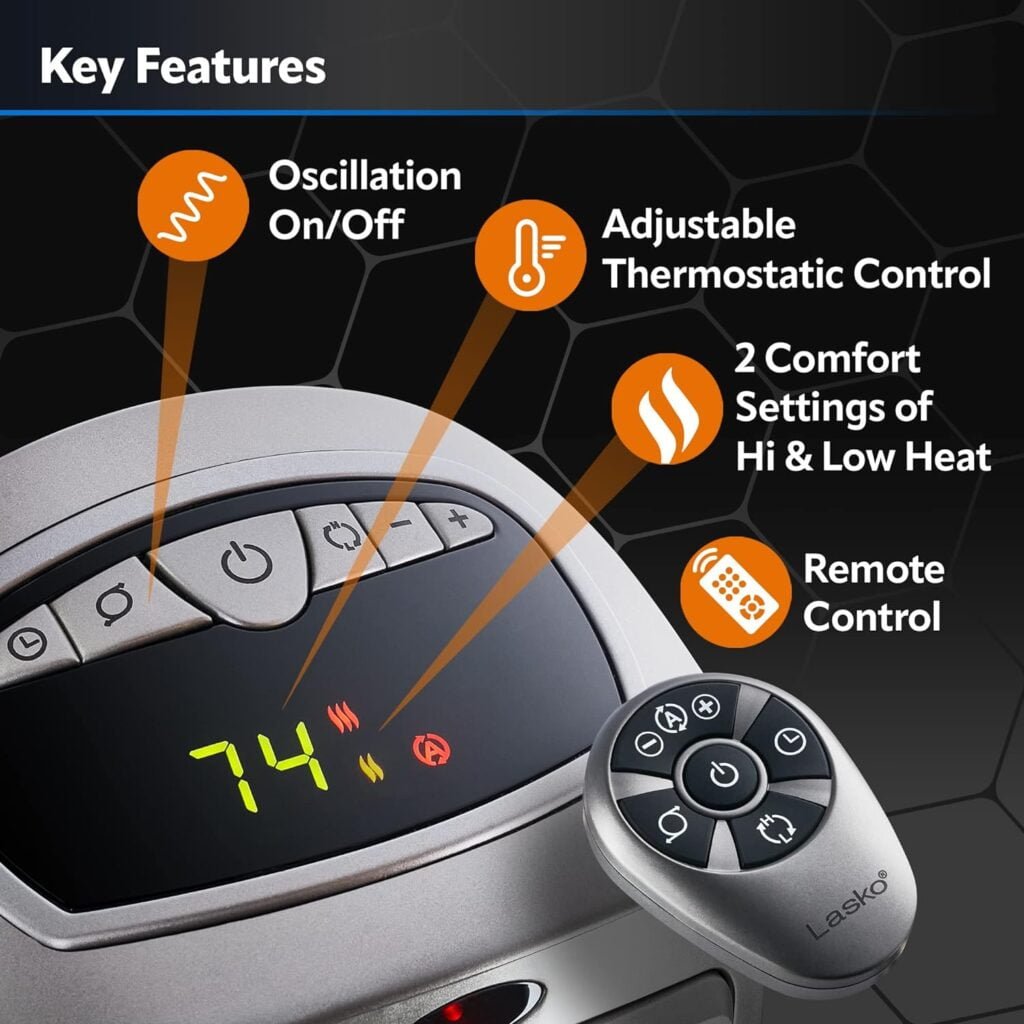 Lasko Heating Space Heater, 25, Grey 6462  Oscillating Digital Ceramic Tower Heater for Home with Adjustable Thermostat, Timer and Remote Control, 23 Inches, 1500W, Silver, 755320 Lasko Heating Space Heater, 25, Grey 6462  Oscillating Digital Ceramic Tower Heater for Home with Adjustable Thermostat, Timer and Remote Control, 23 Inches, 1500W, Silver, 755320