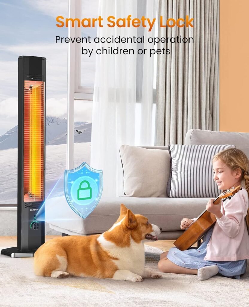 Outdoor Electric Patio Heater, Haimmy 42in Infrared Heater with Remote, 9 Heat Levels, 9H Timers, 1500W Instant Heating, Safety Lock, Tip-Over  Overheat Protection, IPX5 Waterproof Tower Space Heater