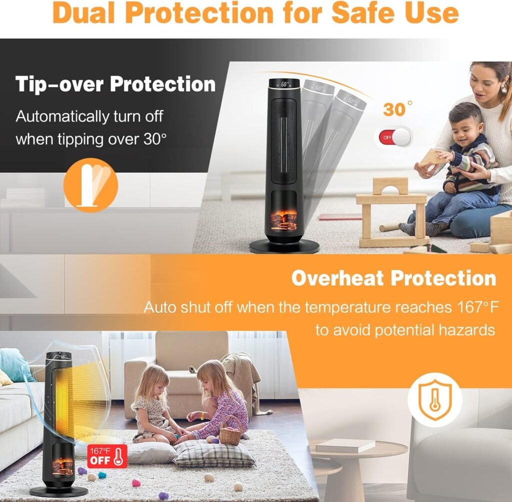 PETSITE Electric Space Heater for Large Room, 30 PTC Fast Heating Ceramic Tower Heater with 3D Flame Effect, Thermostat, 80° Oscillation, 12H Timer  Remote Control, Indoor Home Use, 1500W, Black PETSITE Electric Space Heater for Large Room, 30 PTC Fast Heating Ceramic Tower Heater with 3D Flame Effect, Thermostat, 80° Oscillation, 12H Timer  Remote Control, Indoor Home Use, 1500W, Black