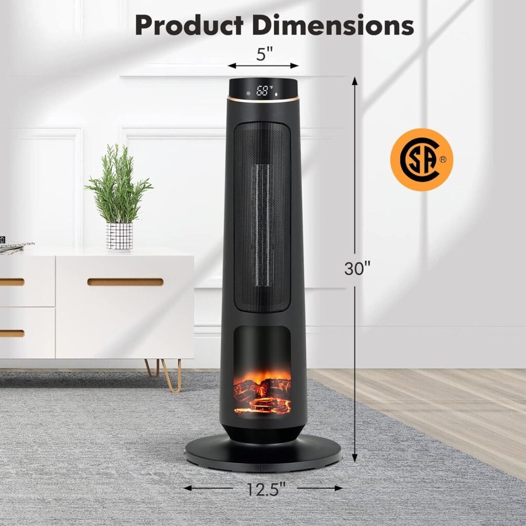 PETSITE Electric Space Heater for Large Room, 30 PTC Fast Heating Ceramic Tower Heater with 3D Flame Effect, Thermostat, 80° Oscillation, 12H Timer  Remote Control, Indoor Home Use, 1500W, Black PETSITE Electric Space Heater for Large Room, 30 PTC Fast Heating Ceramic Tower Heater with 3D Flame Effect, Thermostat, 80° Oscillation, 12H Timer  Remote Control, Indoor Home Use, 1500W, Black