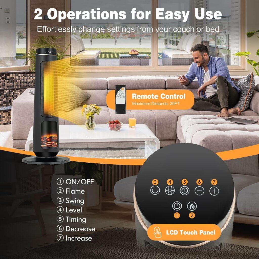 PETSITE Electric Space Heater for Large Room, 30 PTC Fast Heating Ceramic Tower Heater with 3D Flame Effect, Thermostat, 80° Oscillation, 12H Timer  Remote Control, Indoor Home Use, 1500W, Black PETSITE Electric Space Heater for Large Room, 30 PTC Fast Heating Ceramic Tower Heater with 3D Flame Effect, Thermostat, 80° Oscillation, 12H Timer  Remote Control, Indoor Home Use, 1500W, Black