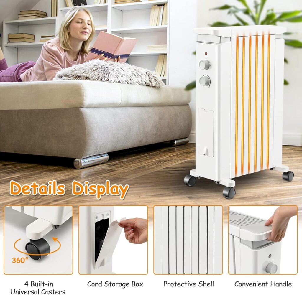 Tangkula 1500W Electric Space Heater, Oil Filled Radiator Heater with 3 Heat Settings  Adjustable Thermostat, Overheat  Tip-Over Protection, Radiant Heater with Hanging Rack for Indoor Use (White) Tangkula 1500W Electric Space Heater, Oil Filled Radiator Heater with 3 Heat Settings  Adjustable Thermostat, Overheat  Tip-Over Protection, Radiant Heater with Hanging Rack for Indoor Use (White)