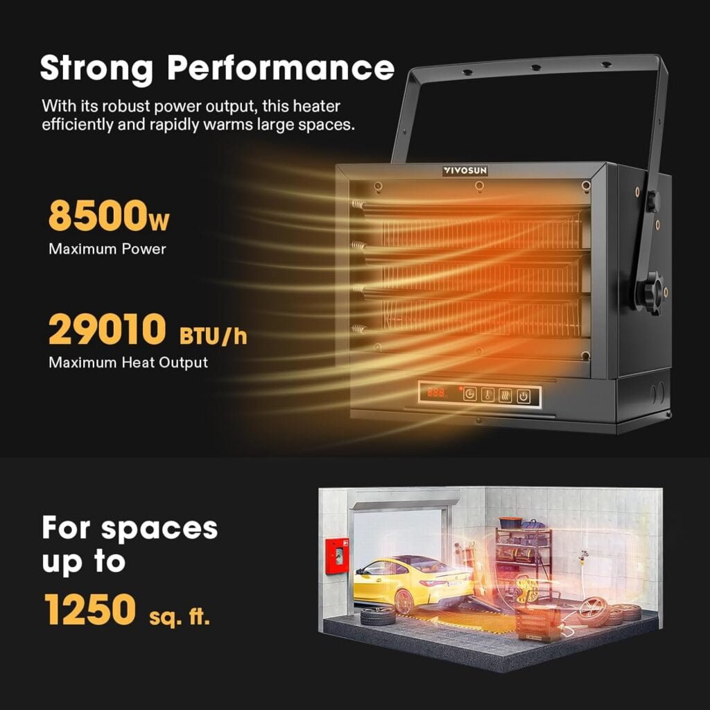 VIVOSUN 8500W Garage Heater, 240V Electric Garage Heater with 3 Modes(8500W/5600W/Only Fan), Digital Powerful Shop Heater with Remote, Overheat Protection, 8-Hour Timer, Digital Thermostat, ETL Listed VIVOSUN 8500W Garage Heater, 240V Electric Garage Heater with 3 Modes(8500W/5600W/Only Fan), Digital Powerful Shop Heater with Remote, Overheat Protection, 8-Hour Timer, Digital Thermostat, ETL Listed